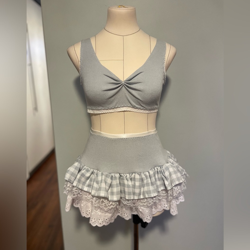 Handmade Slate Blue Matching Knit Set (Skirt & Top)